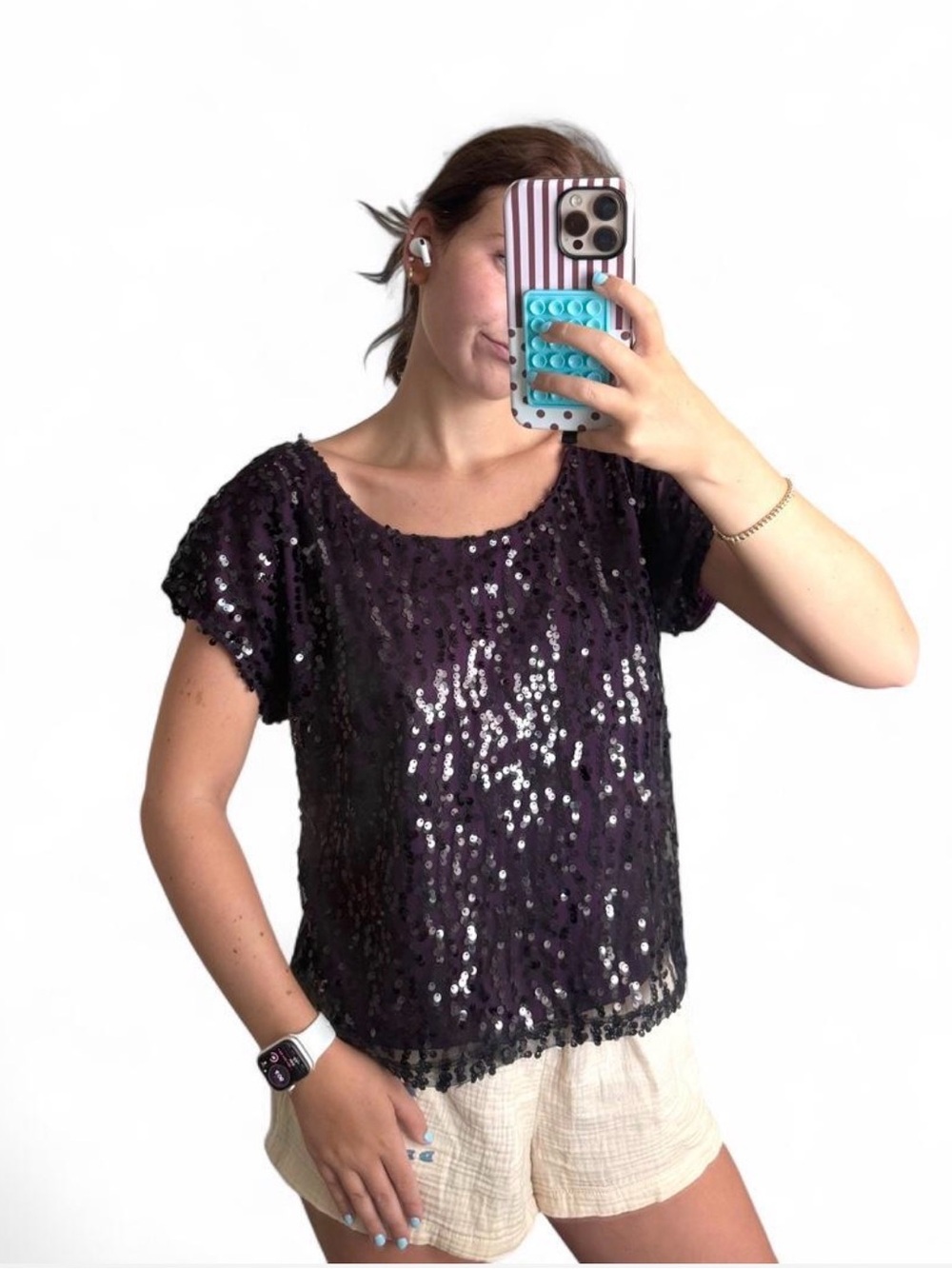 Laundry By Shelli Segal Women’s Y2K Vintage Sequin Overlay Glam Top